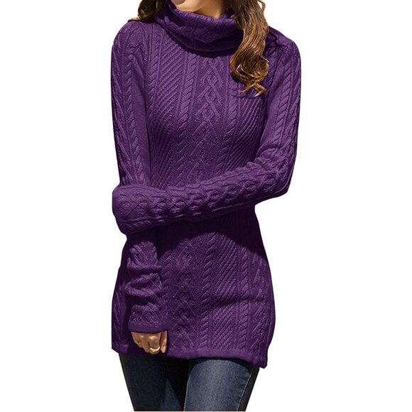 Women's Polo Neck Long Fitted Dress Bodycon Turtleneck Cable Knit Sweater  Purple